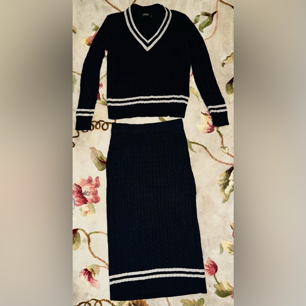 Lauren by Ralph Lauren Cable Knit Cricket Jumper/Skirt Set in Navy & Silver S/XS